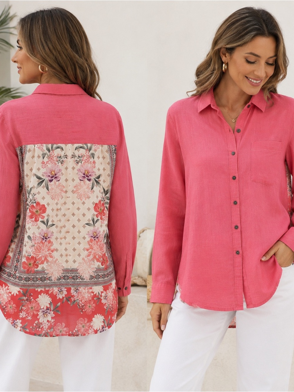 Karyn Seo Linen Floral Back Button Down Shirt Pink Large Boho Tunic